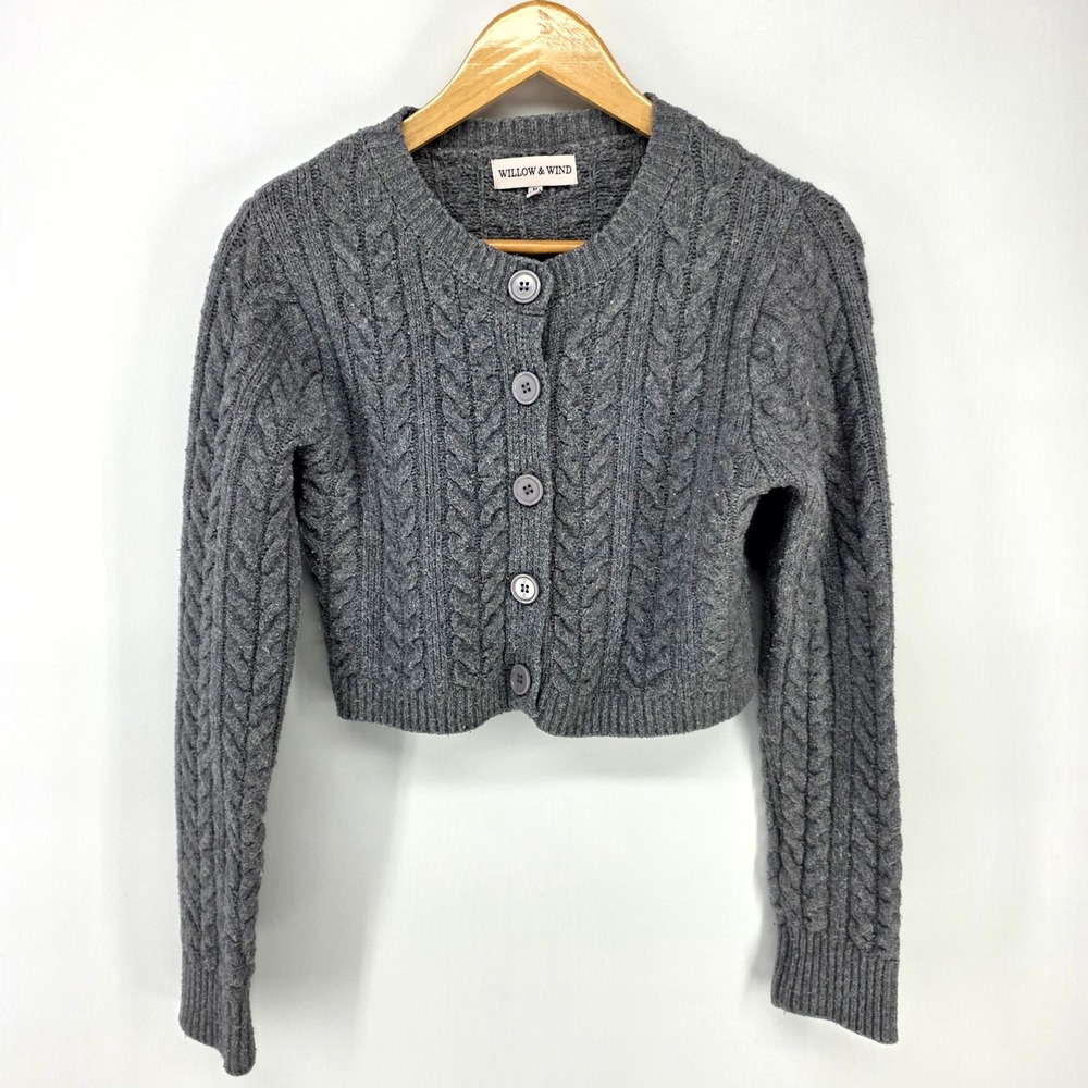 Willow & Wind Cardigan Womens Medium Gray Cropped Cable Knit Button Sweater